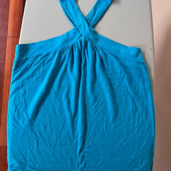Diane von Furstenberg turquoise top with criss-cross collar Sz M (fits up to L) - Picture 2 of 3